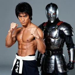 Photograph of handsome muscular Japanese actor dressed as Kenshiro from fist of the North Star and as his evil brother Jagi who is wearing a face mask and body armor, photorealistic, photographed in the style of Annie Leibovitz