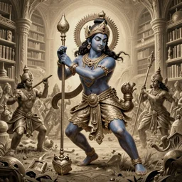 krishna in battlefield fighting, magic library, fantasy, intricate, elegant, highly detailed, digital painting, artstation, concept art, matte, sharp focus, illustration,