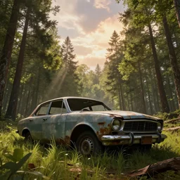 trending on artstation, huge scene, beautiful, art greg rutkowski, an abandoned old car in the woods, epic sky, grass, concept art, by jordan grimmer, high detail, detailed, vivid, low angle, godrays, cinematic view, warm lighting, volumetric