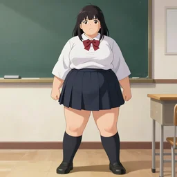 overly obese school girl, school uniform, seifuku, pleated miniskirt, overknee socks, fat battle angel alita. by rembrandt 1 6 6 7, illustration