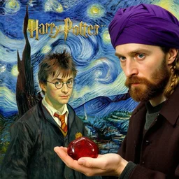 harry potter is holding a red stone in his hand next to a man wearing a purple turban, harry potter and the philosopher's stone ( 1 9 9 7 ) book cover design by van gogh, book title visible