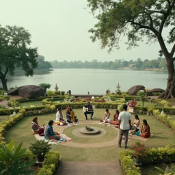 a beautiful cinematic scene of a group of artists in a garden on a majestic lake, trees and rocks, in central india, photograph by alex webb, by gregory crewdson, shot on large format film, trending on vsco, masterpiece, grains, cinematic composition, brilliant volumetric lighting, sharp, intricate, hyper - detailed, 8 k