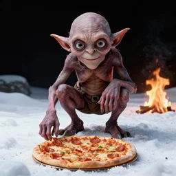 gollum smeagol grotesque croutching over a pizza, feet deep in the snow, looking in camera, black sky, fire burning, ultra detailed, ultra realistic, wide shot, by beksinski, giger, greg rutkowski, trending on artstation, deviantart, masterpiece, photorealism