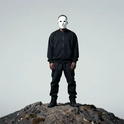 a photo of kanye west wearing a maison margiela mask standing on top of a mountain, by weta digital, by weta fx, visual novel, graphite, ink, dramatic, ilford hp 5, perspective, monochrome, floodlight, shaders