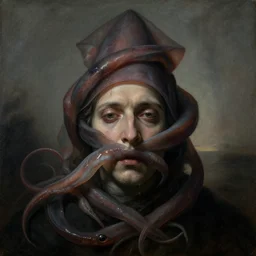 a huge vampire squid wrapped around a human face, by john constable, muted, sinister, sinister, terrifying