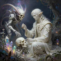 muted ombre matte painting beautiful sinister alabaster neogothic skullpunk spirit doctor, tending to the iridescent enchanted intergalactic mecha garden, man machine chimeric beholder polyphemous power crystals psychotropic frequencies singularity artgerm wlop james jean andrei riabovitchev marc simonetti yoshitaka amano artstation, cgsociety