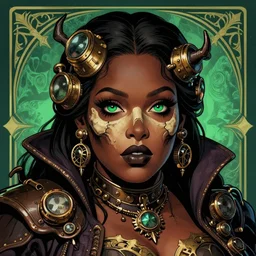 a detailed portrait illustration of a steampunk necromancer - gambler. beautiful obese black female face, very dark skin, redbone. gorgeous green eyes. voodoo aesthetic. art nouveau, pop art, comic book style. influenced by neil gaiman, h. p. lovecraft, dan mumford, brian froud, kehinde wiley, killian eng, ross tran.
