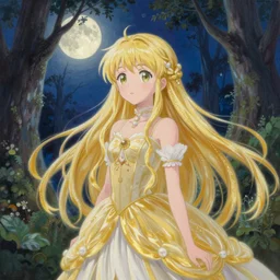 breathtaking detailed soft painting of a little anime fairy princess in a luxurious moonlight forest, by Ayami kojima, loputyn and matcha, golden rose dress floating around, detailed symmetrical facial features, art nouveau gold stained glass windows, 8k, concept art, matte, sharp focus, rembrandt style