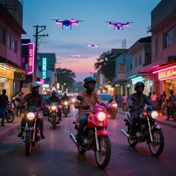 a neon lit - african urban street with motorcycles and flying drones,