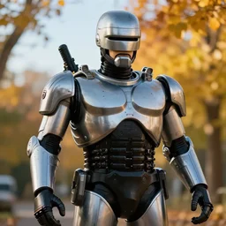 real life robocop, ultra realistic!!!, autumn, clear weather, golden hour, sharp focus