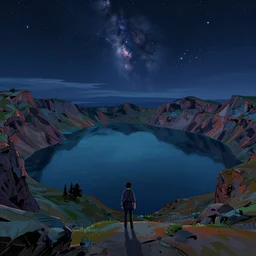 concept art by jama jurabaev and sparth, cel shaded, cinematic shot, trending on artstation, high quality, brush stroke, vibrant colors, night under the starry sky, mysterious lake area of crater