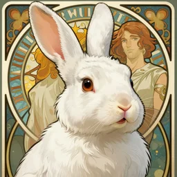 close up portrait of anthropomorphic white rabbit, large floppy relaxed, slight smile by artgerm, cushart krenz, greg rutkowski, mucha. art nouveau. gloomhaven, vibrant colors, sharp edges. ultra clear detailed. 8 k. elegant, intricate, octane render