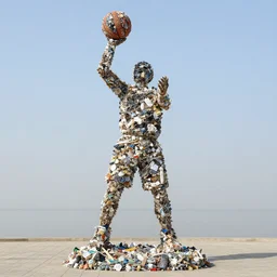 A sculpture a a basketball player made pure recycled Trash