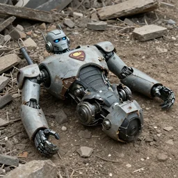 A broken robotic superhero lying atop a field of rubble, dented and cracked body, movie still, 2016