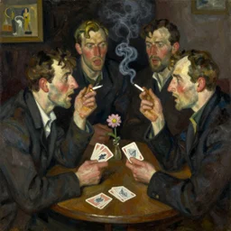 oil painting in the style of john craxton. sailors talking loudly in the shadows of a club pub. looking. strong expressions on faces. smoke. holding cigarettes. playing cards. scratch. strong lighting. brush. single flower. in the style of ivon hitchins. cheekbones. seated figure hands on table. line drawing.