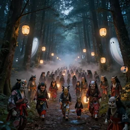 at night thousands of japanese monster walk on the forest path, japanese grotesque ， lanterns 🏮, ghosts ， fog ， ukiyo - e, ultradetailed, 8 k render in octane, cinema lighting, magical, lighting trending on artstation, ultrawide shot, light effect, 8 k, by greg rutkowski ， thomas kinkade