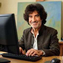 bob ross typing at computer keyboard in front of a canvas, discord