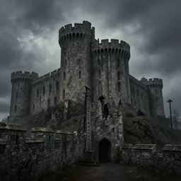 harrenhall castle from westeros by greg rutkowski, artstation and rodney matthews, extremely hyperdetailed, grim atmosphere, iron and stone architecture, sense of dread, ominous, ramparts, bulwarks, gallows