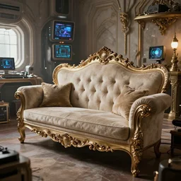 baroque couch, castle, Interior of a futuristic bedroom cluttered with electronics, close up, Wadim Kashin, Simon Stalenhag, XF IQ4, f/1.4, ISO 200, 1/160s, 8K, RAW, featured on artstation, octane render, cinematic, elegant, intricate