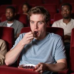 a white man eating beans in the cinema surrounded by black people