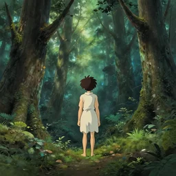 stranger in futuristic spiritual mystical post apocalyptic forest, studio ghibli, beautiful, crisp