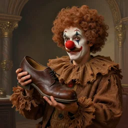a mustache man wearing brown rags clown wig clown nose holding a big shoe, d & d, intricate, elegant, volumetric lighting, scenery, digital painting, highly detailed, artstation, sharp focus, illustration, concept art, ruan jia, steve mccurry