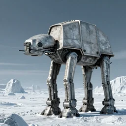 a fusion between the tarrasque and an AT-AT, flat grey color, completely metal, walking across ice planet, hyper-realistic CG