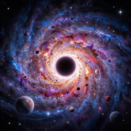 a black hole as small  initial center of a new exploding giant universe, psychedelic colors, upscaling spiral of stars and planets in different sizes, ultradetailed, unreal engine