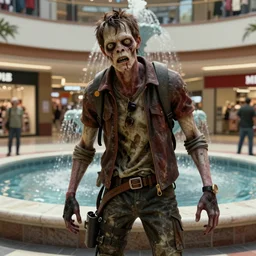 highly detailed portrait of a boomer zombie from left 4 dead, style of stephen bliss, in a shopping mall with waterfountain, unreal engine, global illumination, detailed and intricate environment