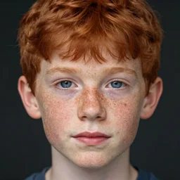 face portrait of a boy with red hair and freckles, blue eyes, a long nose, highly detailed, digital art