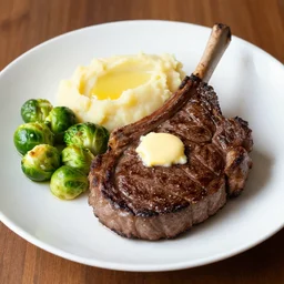 dslr food photograph of a ribeye steak with brussel sprouts and mashed potatoes with melted butter on top, 8 5 mm f 1. 8