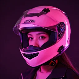 woman in full face motorcycle helmet in neon pink lighting