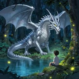 a big silver dragon and a boy sitting next to lake in forest, many fireflys, at night, concept art, dof, cryengine, digital art, detailed background, makoto shinkai