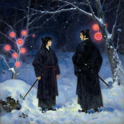 wuxia, winter, neon light, painting by gaston bussiere, craig mullins, j. c. leyendecker