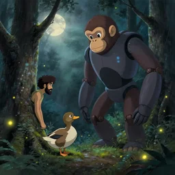 a young ducktail bearded middle eastern american male leaning on a tree encounters a giant robot monkey in a misty moonlit forest, painting by studio ghibli. surrounded by fireflies, cinematic lighting, trending on cgsociety