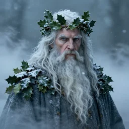 portrait of an ancient frost - wizard with grotesquely long beard and wearing holly leaves, with snowy mist, in style of edwin austin abbey