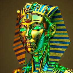 awardwinning photo of a gold and blue metallic shiny female humanoid sphinx cyborg, face texture is green glowing digital circuits, wearing a glowing blue and golden metallic maya sparkling diadem with blue cables and shiny metallic gears, 3 d render, crisp, 8 k, fluorescent colors, nikon photography