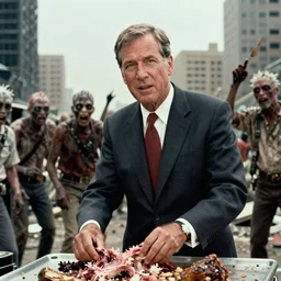 technicolor george w. bush in dawn of the dead, zombies eating flesh, city rubble background, cinestill 8 0 0 t, 1 9 7 0 s movie still, film grain