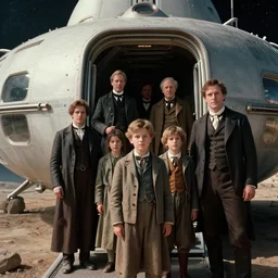 sharp, film still from a sci fi blockbuster movie made in 2022, set in 1860, of a family leaving a spaceship, that has just landed on an alien planet, wearing 1850s era clothes, good lighting, 4k, HD, in focus faces, oscar winner, high quality photography, 35mm macro lens