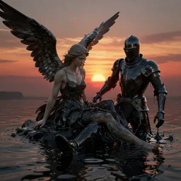 octane, blender, zbrush render, render uhd, 8 k art photography, filmic lighting, cinematic art shot, hyperrealistic, hyperdetailed, super detailed, uhd, uhd, 8 k, high resolution, a fallen angel and a melting liquid knight, black fluid simulation, painting by ross tran and ivan aivazovsky, black water, sunset by zdzisław beksinski