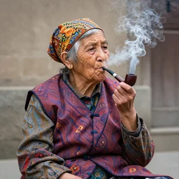 an elderly woman dressed colorfully, smoking a pipe