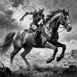 cyberpunk horse, fine detail, cyborg parts, in peril, black, drawn by leonardo da vinci