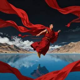 a tibetan monk flying over himalaya mountains lake in weightlessness in liquid traditional red cloth. a lot of flying red fabric around, sky and cloth fabric reflected in blue lake water. dark background. illustration by craig mullins, yoji shinkawa, trending on artstation, peter mohrbacher, hyper detailed, intricate, elite, ornate,