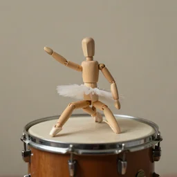 a lonely ballerina made of wood sitting on top of a snare drum