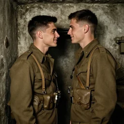 a professional photograph of two handsome young wwii soldiers finding love in the bunkers