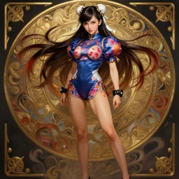 chun li from street fighter with a beautiful face and eyes, long hair, wearing a flowery romper, long legs, fantasy, intricate, full body shot, sexy, highly detailed, digital painting, artstation, concept art, wallpaper, smooth, sharp focus, realistic photo by artgerm and greg rutkowski and alphonse mucha