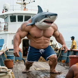 1 9 7 5 full - color photo of : an anthropomorphic muscular male humanoid - hybrid shark - monster is terrorizing workers on the deck of a commercial fishing boat. the shark - monster is wearing swim - trunks. highly - quality professional cinematic photography.