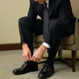 2 0 0 7 john lasseter is wearing a black suit and necktie. he is sitting is a chair, changing shoes from a pair of black lace - ups to a pair of black penny loafers