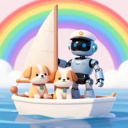 cute puppies on a sailboat, cyborg captain of boat, with rainbow background 4k