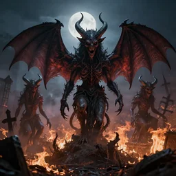 a photograph of demon statues demon statues with horns and bat wings in an overgrown burning graveyard, scary creatures, cosmic horror, morbid art, sharp focus, cinematic, high angel distant shot, moonlight, hyper detailed, 4 k, octane render, deviantart,